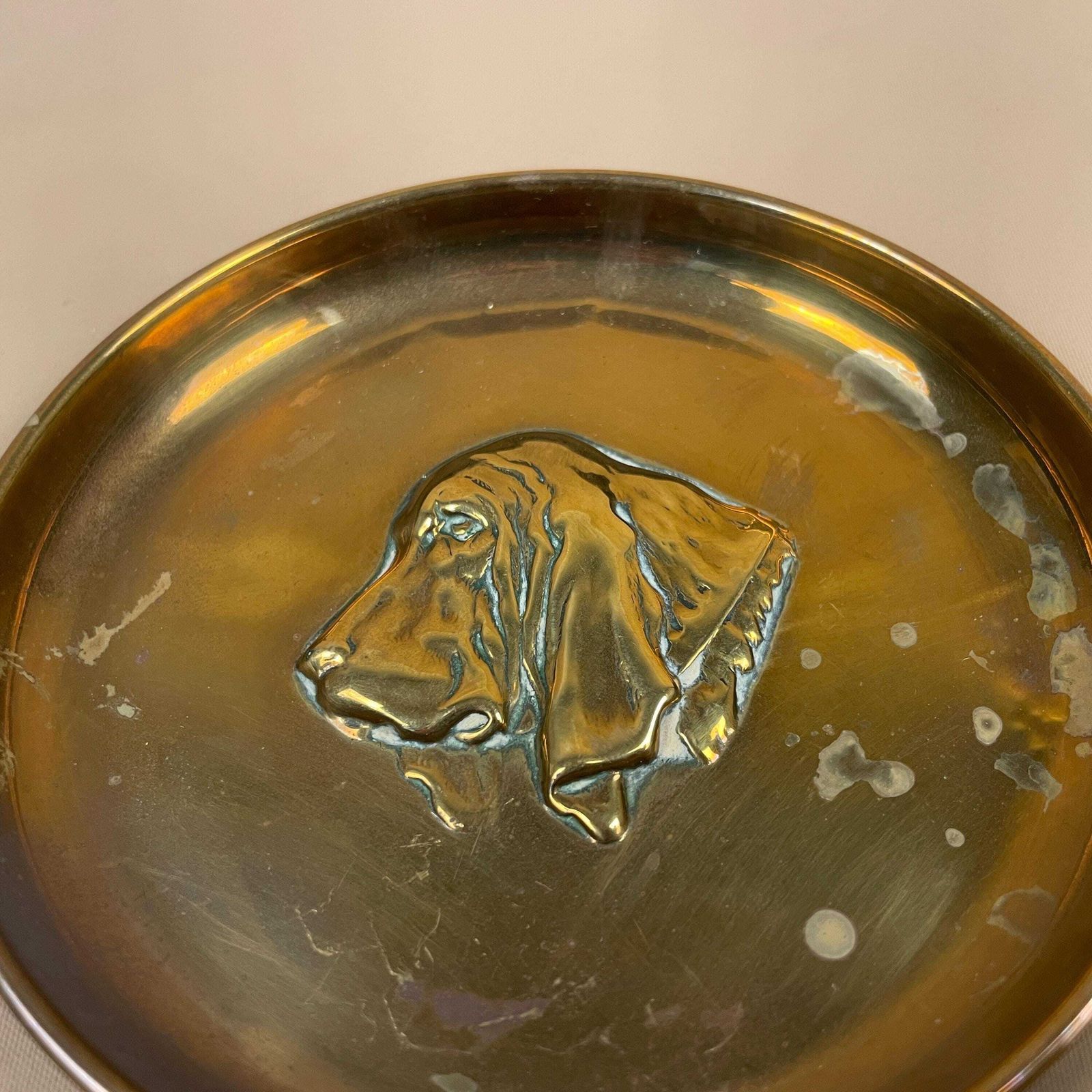 Vintage Decorative Gold Brass Bowl Basset Hound Dog Trinket Key Dish Holder Round Display Old Aged Metal Puppy Face photo for sale