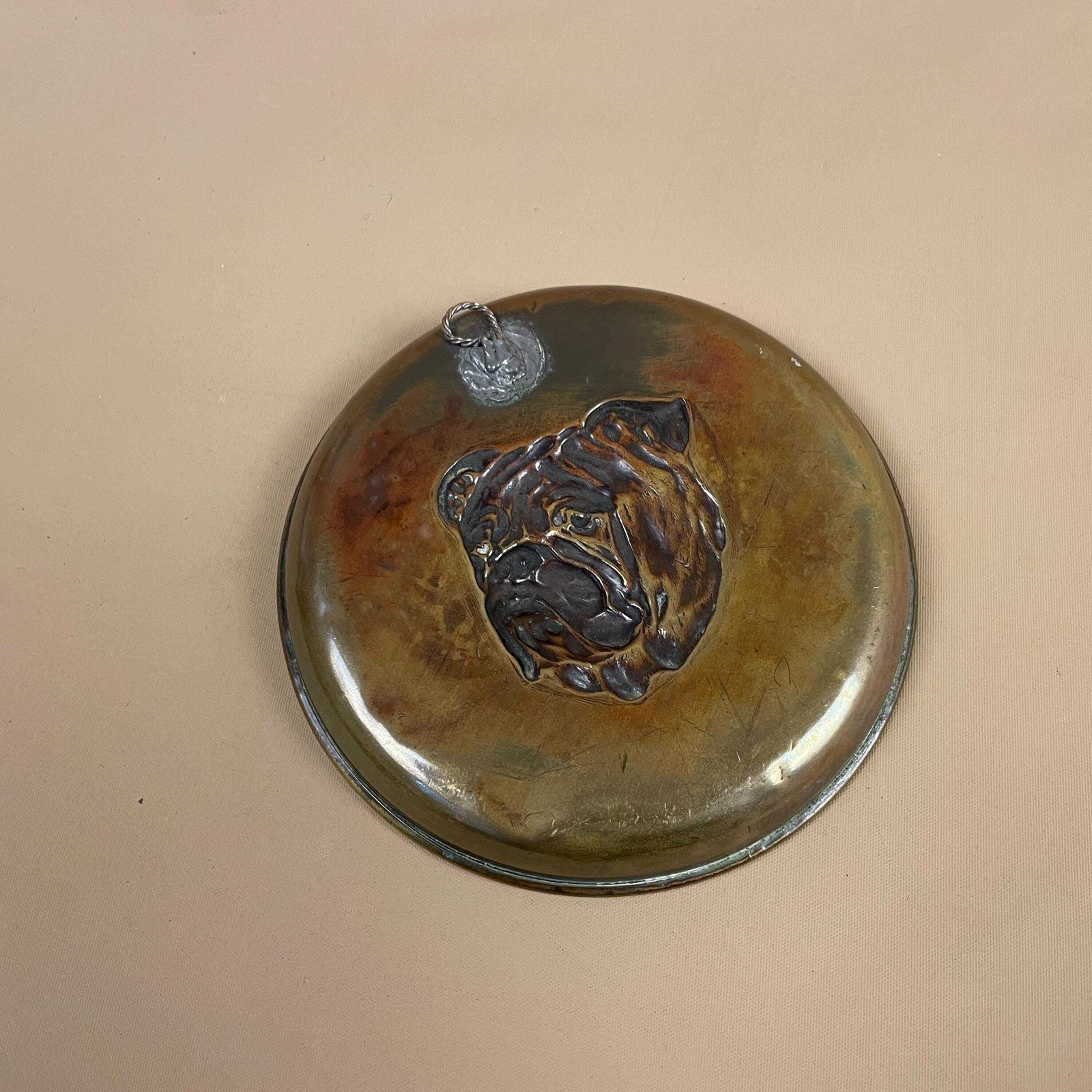 Vintage Decorative Gold Brass Bowl Bulldog Dog Trinket Key Dish Holder Round Display Old Aged Metal Puppy Face photo Home Decor