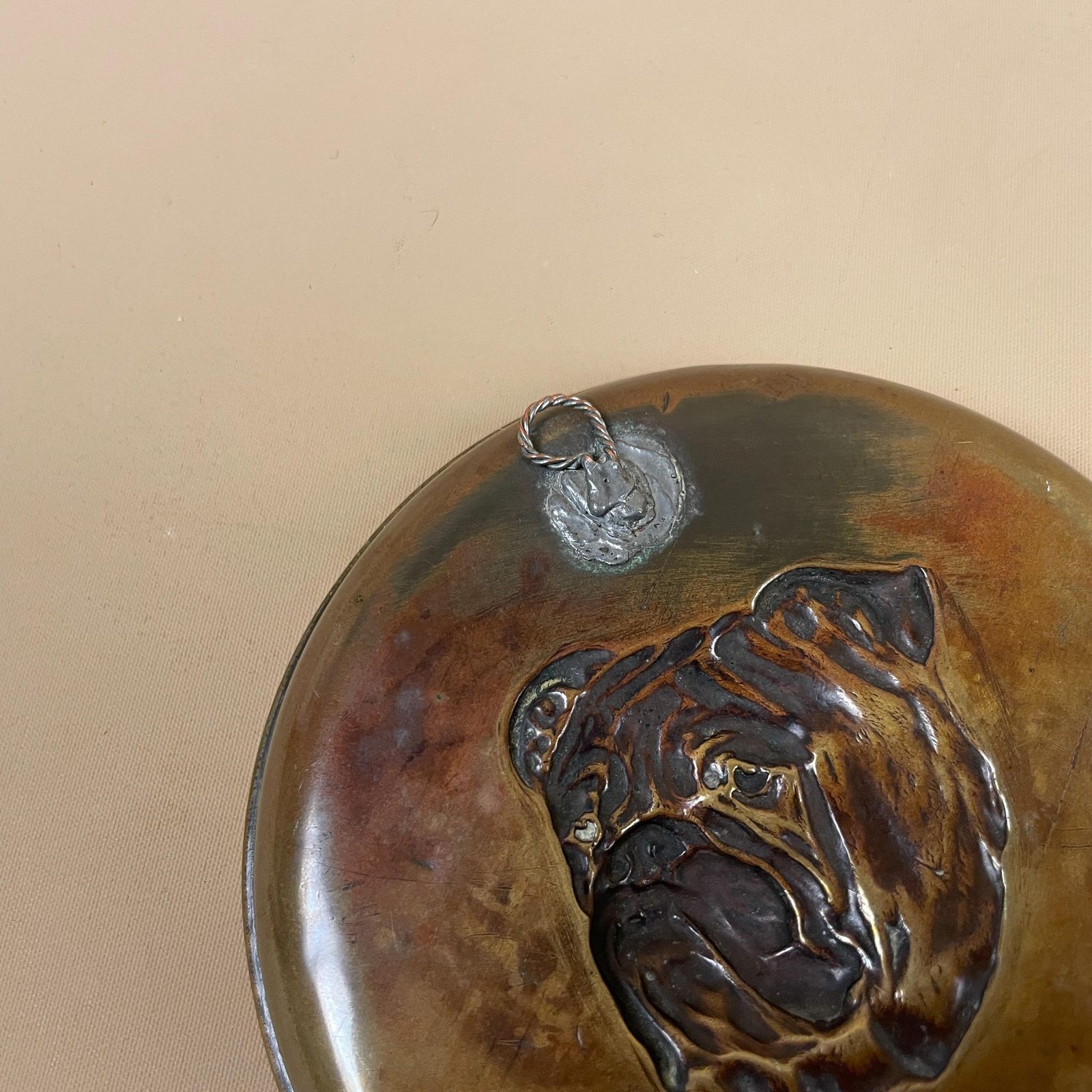 Vintage Decorative Gold Brass Bowl Bulldog Dog Trinket Key Dish Holder Round Display Old Aged Metal Puppy Face photo 55.0