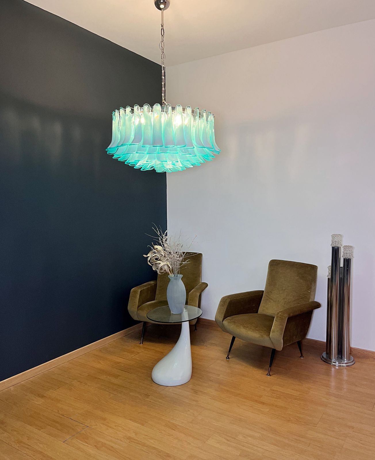 Large Murano Glass Chandelier  101 Turquoise Lattimo Glass Petal photo vintage