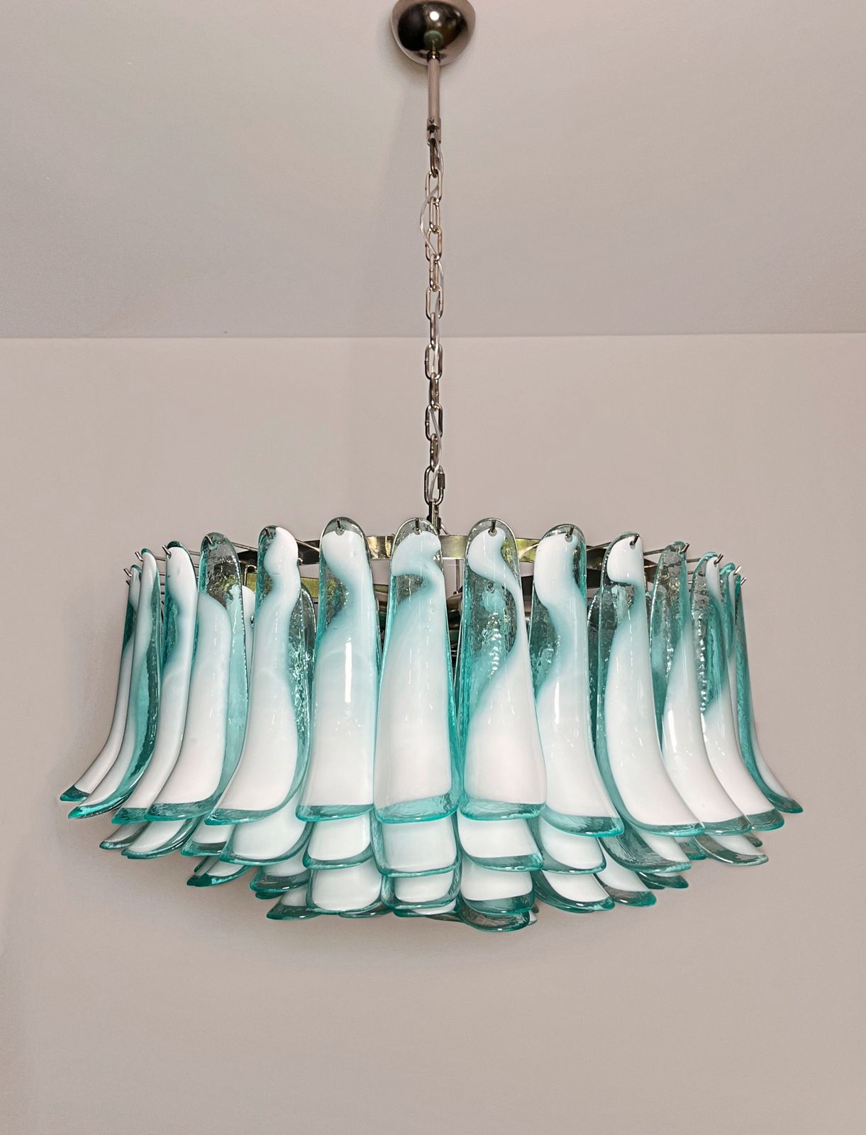 photo for sale Large Murano Glass Chandelier  101 Turquoise Lattimo Glass Petal