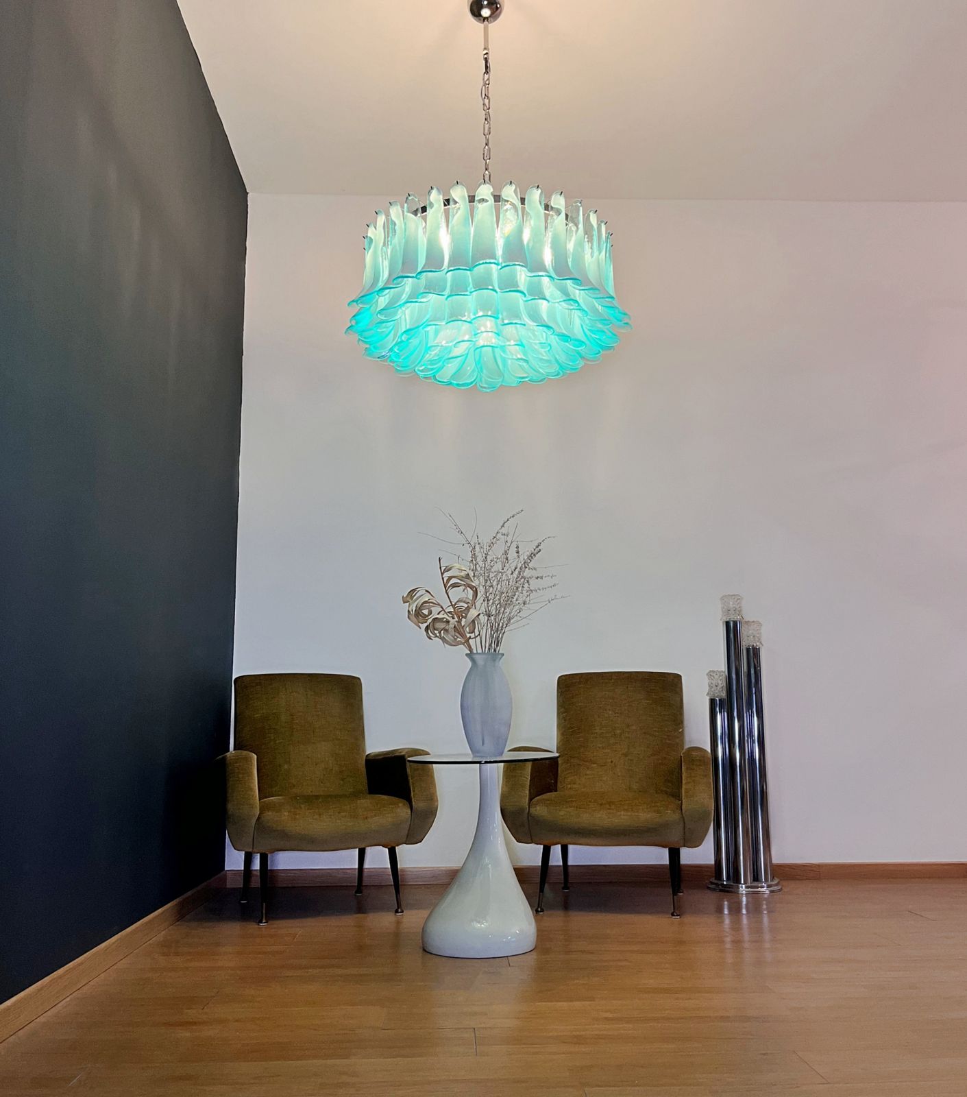 Lighting Large Murano Glass Chandelier  101 Turquoise Lattimo Glass Petal photo