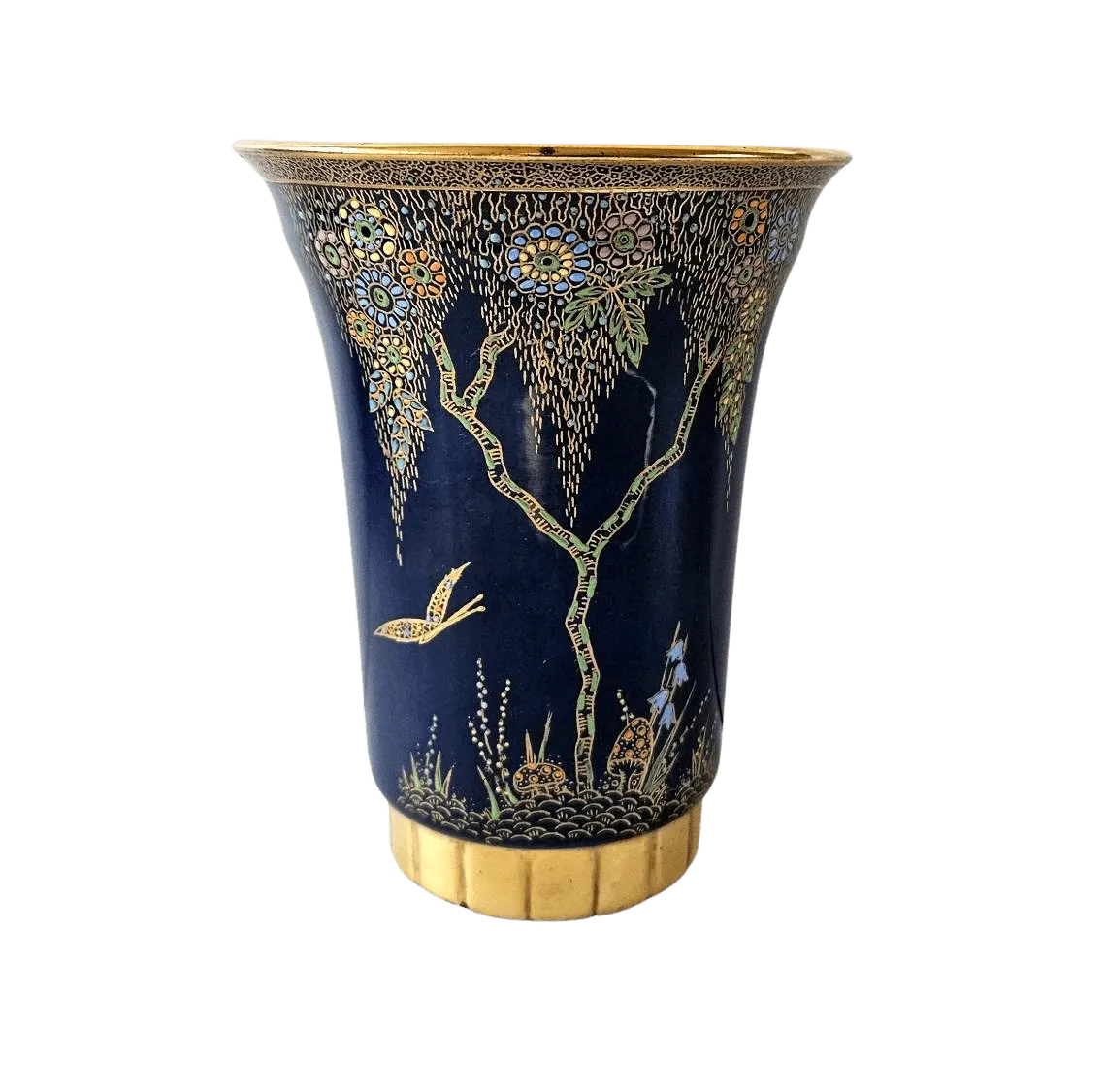 Crown Devon Art Deco Vase Enamel Tree And Butterfly On Royal Blue Lustre