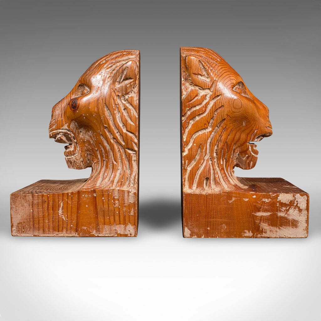 Pair Of Antique Carved Lion Bookends, English Pine, Georgian Revival, Edwardian photo 740.0
