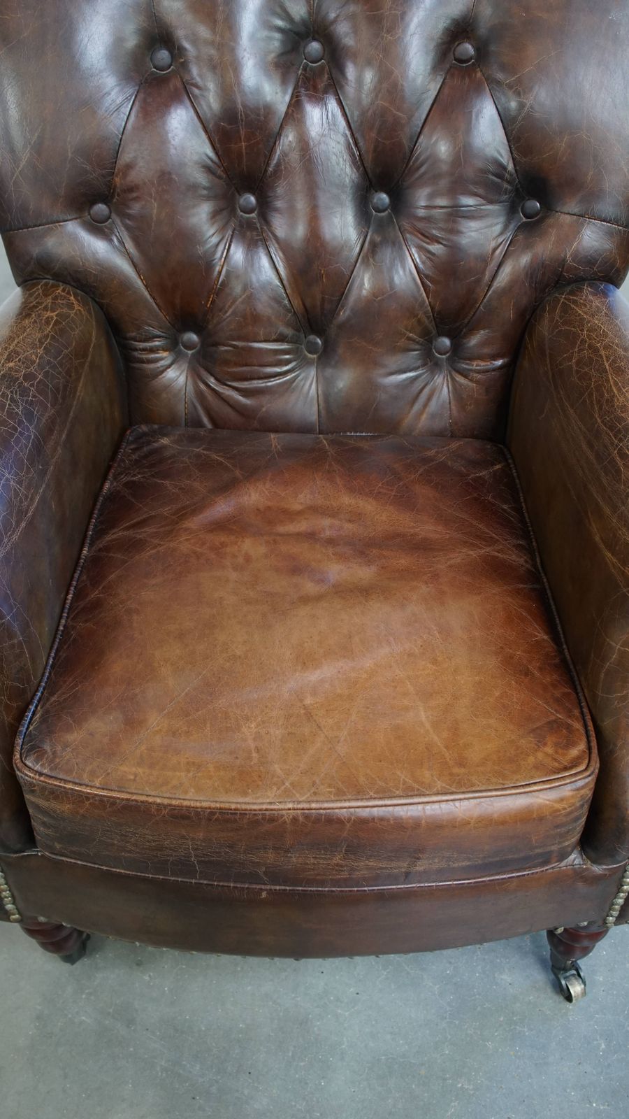 Beautiful, Unique Cognac Colored Brown Nerfde Rundleren Chesterfield Armchair/ Armchair photo vinterior