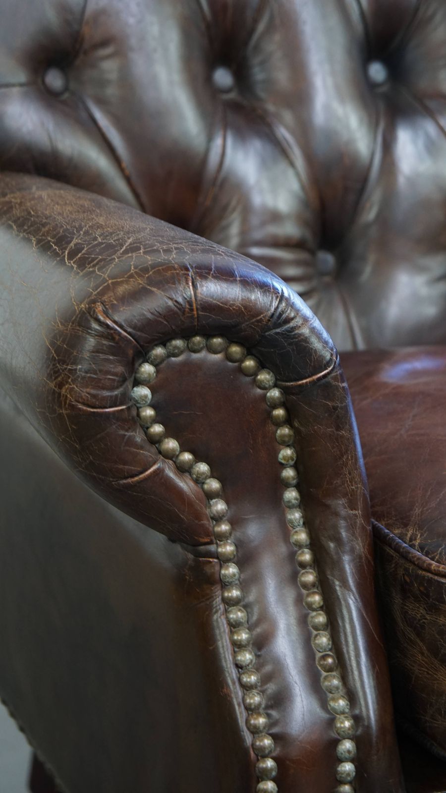 Furniture Beautiful, Unique Cognac Colored Brown Nerfde Rundleren Chesterfield Armchair/ Armchair photo