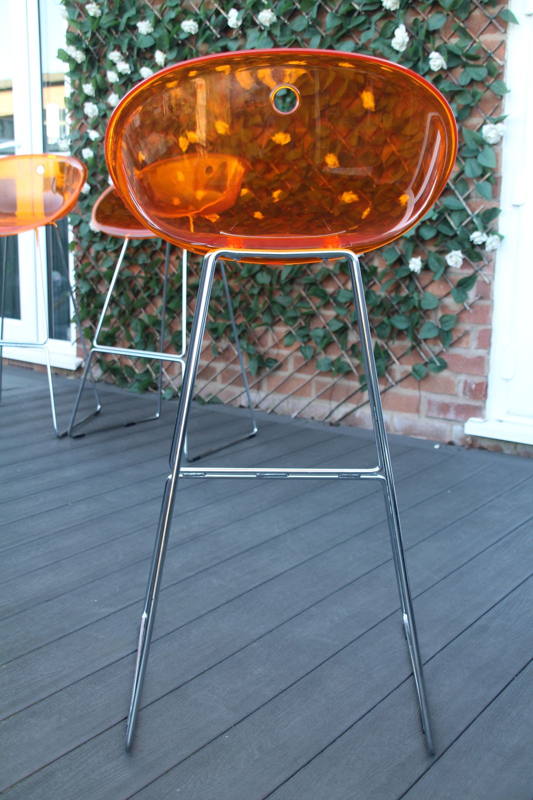 3 Pedrali Gliss Designer Stools. Italian Translucent Orange Bar Stools.
