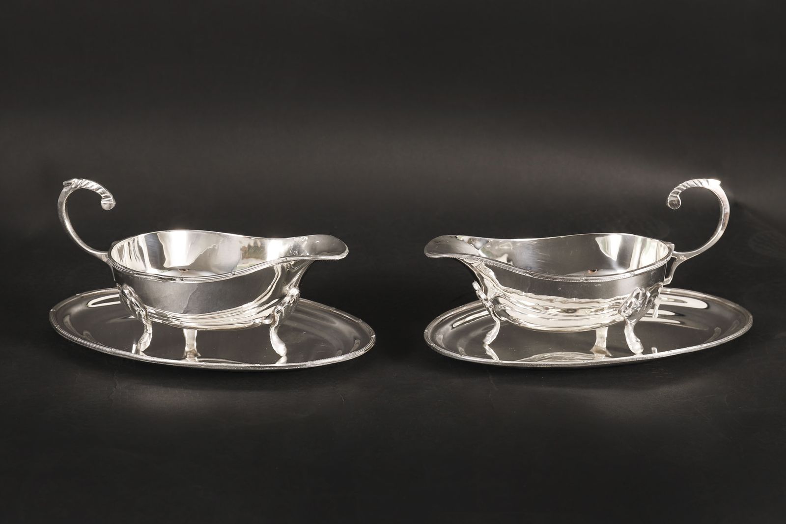 Antique Pair English Silver Plated Sauce Boats On Stands Circa 1910