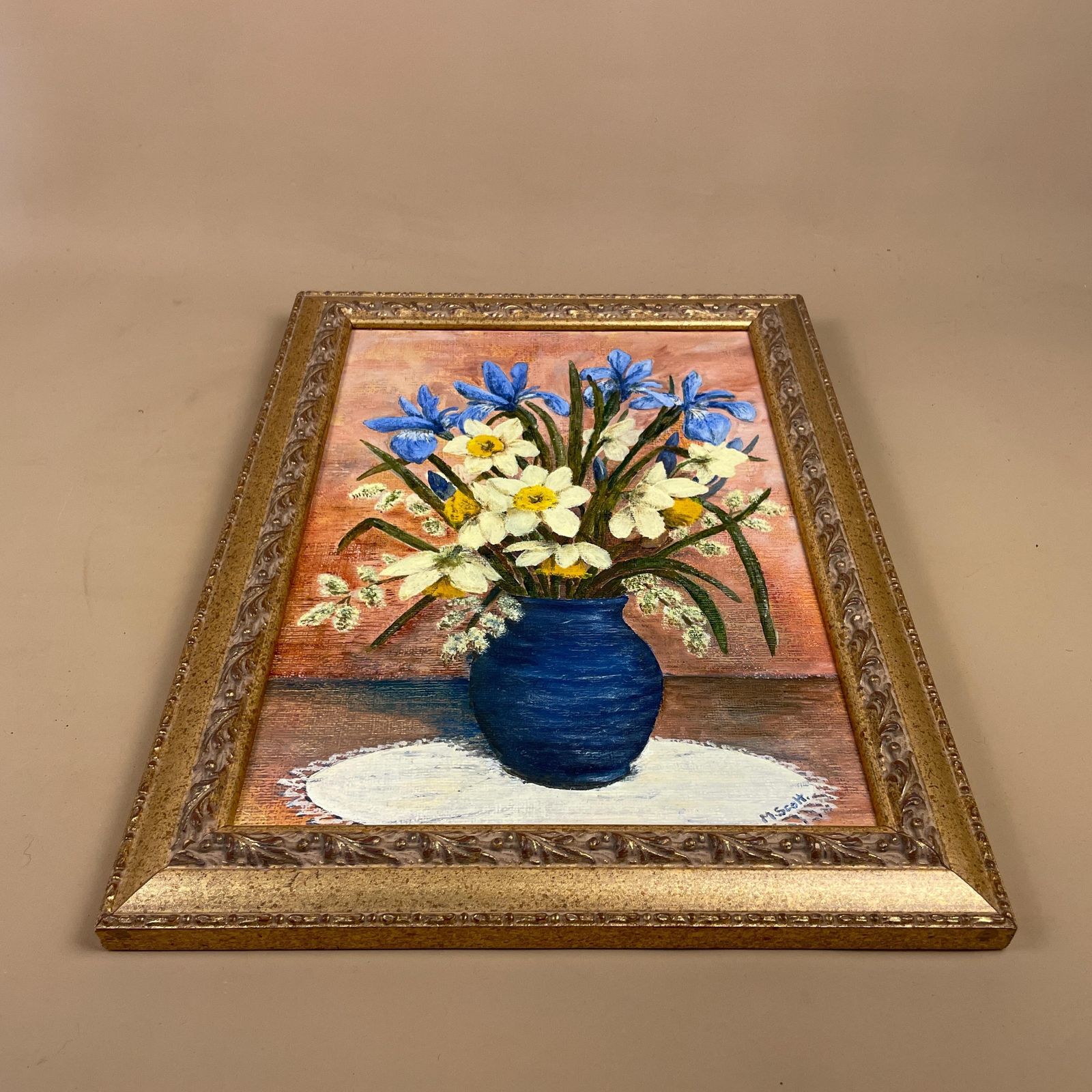 photo furniture Antique Framed Floral Oil Painting Picture Vintage Flowers Wood Frame Painted Art Original Oils Rectangle Portrait Spring Daffodils M Scott