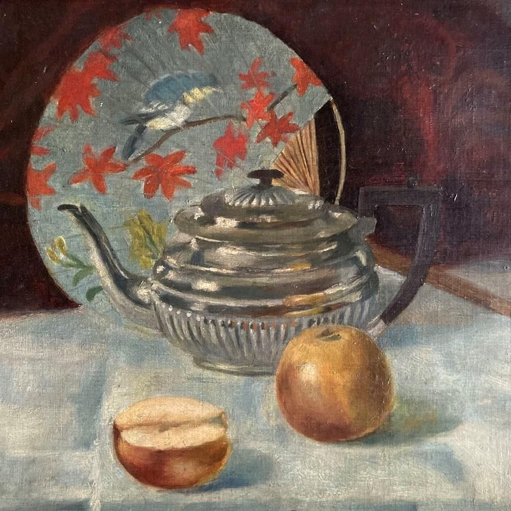 19th C. Aesthetic Oil Painting   'Fan Still Life' photo Art