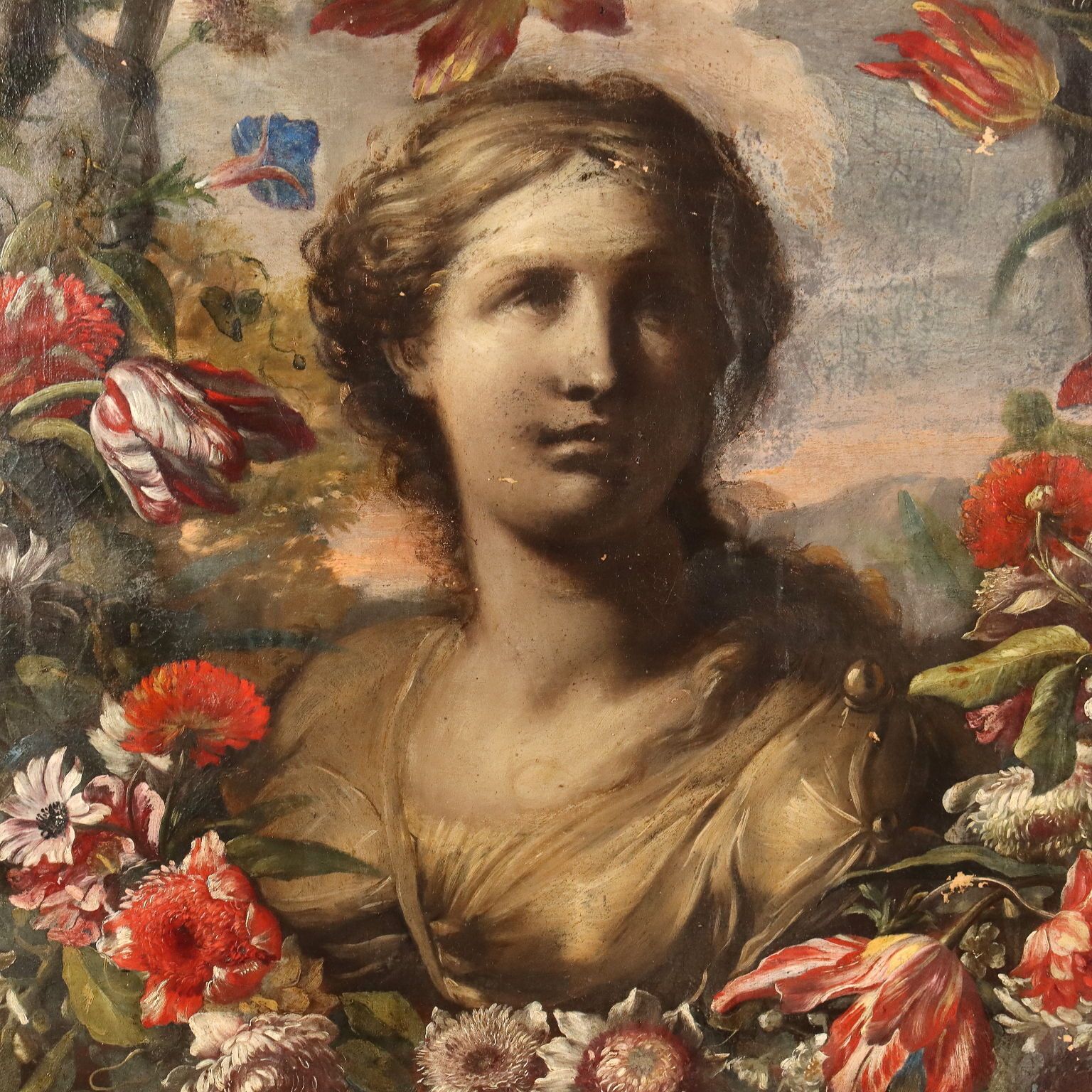 Ancient Painting '600 '700 Female Bust And Flower Garland Canvas photo for sale
