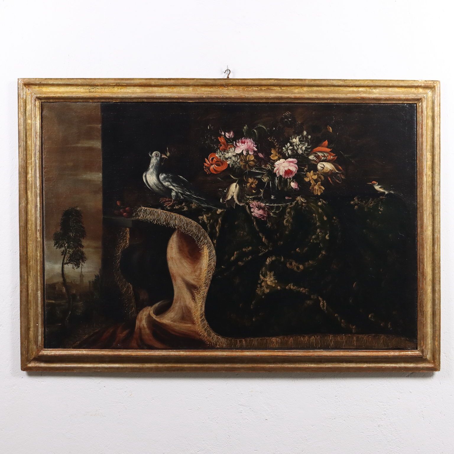 Ancient Painting Still Life With Flowers And Birds Oil On Canvas '600 photo furniture