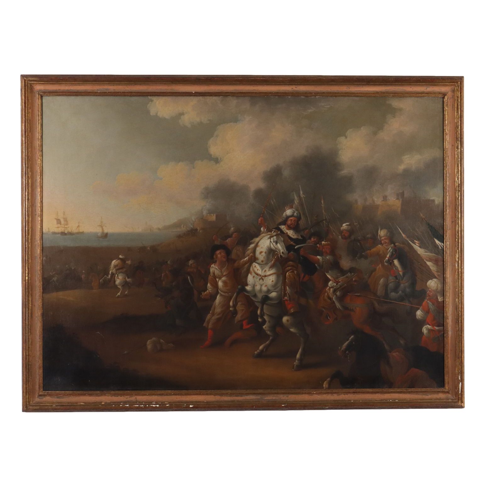 Antique Painting Battle Scene Oil On Canvas XVIII Century