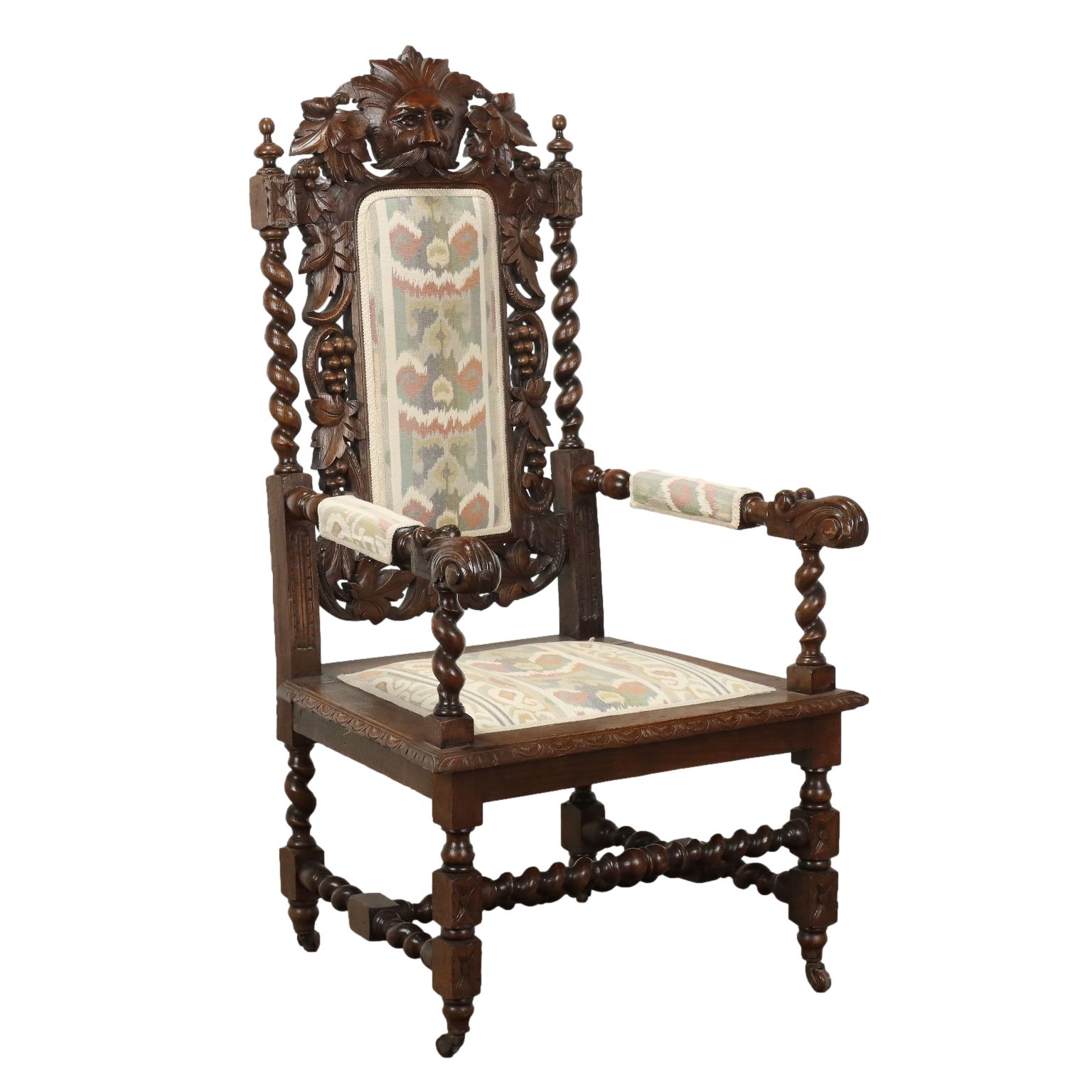 Antique Armchair Neo Renaissance Oak Fabric XIX XX Century