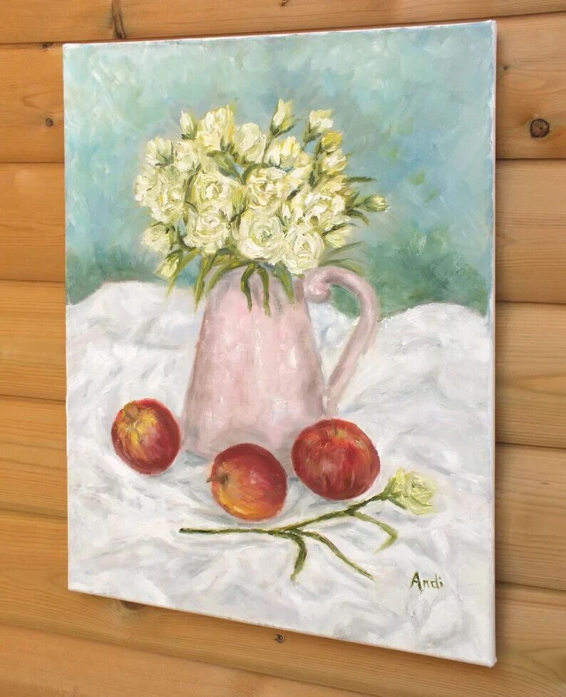 Original Signed Oil Painting Red Apples, Lisianthus Floral Flowers Andi J Lucas photo vintage