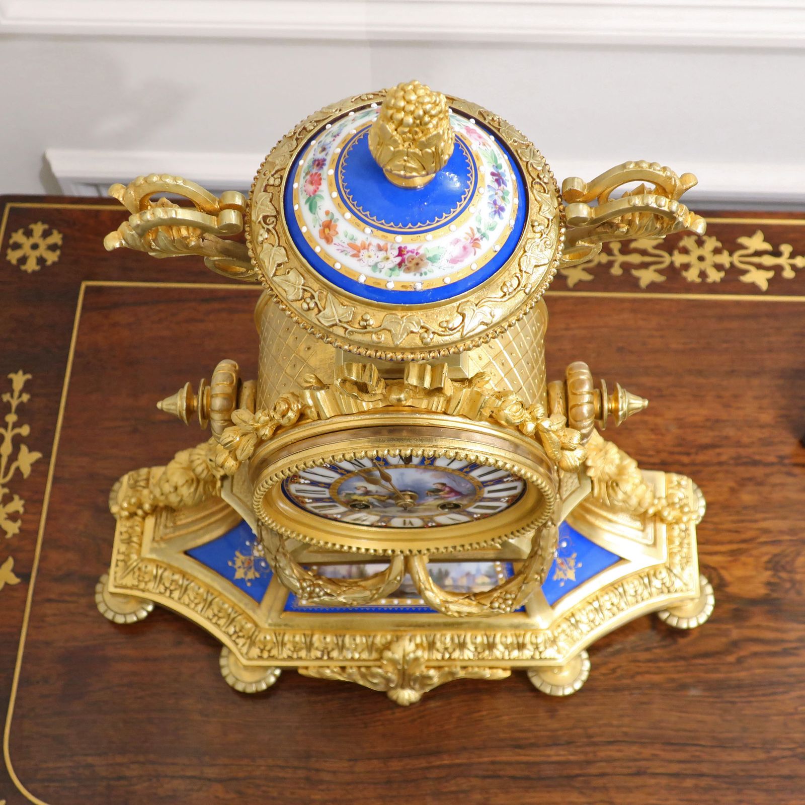 photo for sale French Louis XVI Style Bronze Gilt & Porcelain Mantel Clock By Japy Freres