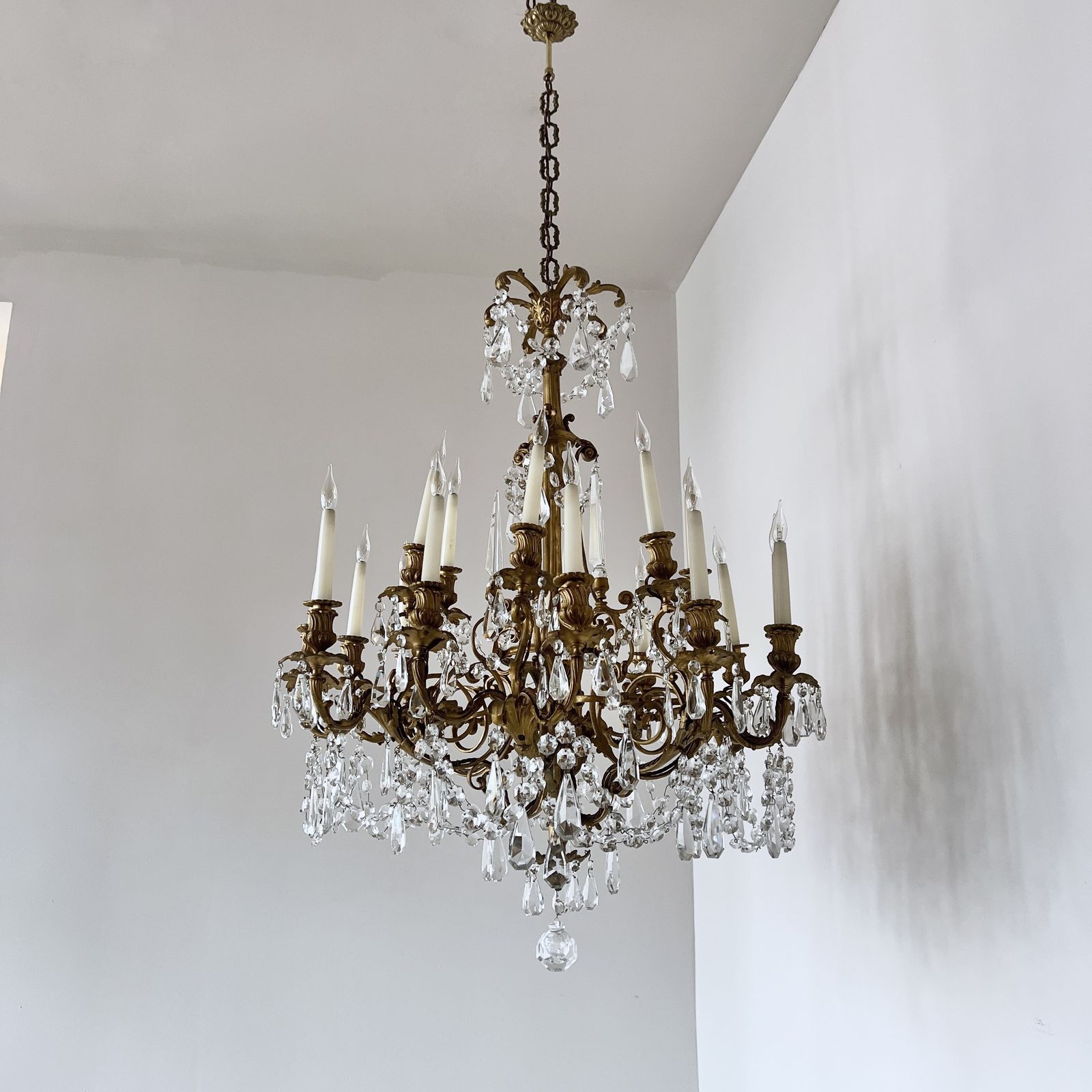 Large Heavy Cast Brass Louis XIV Style Chandelier With Cut Glass Drops photo for sale