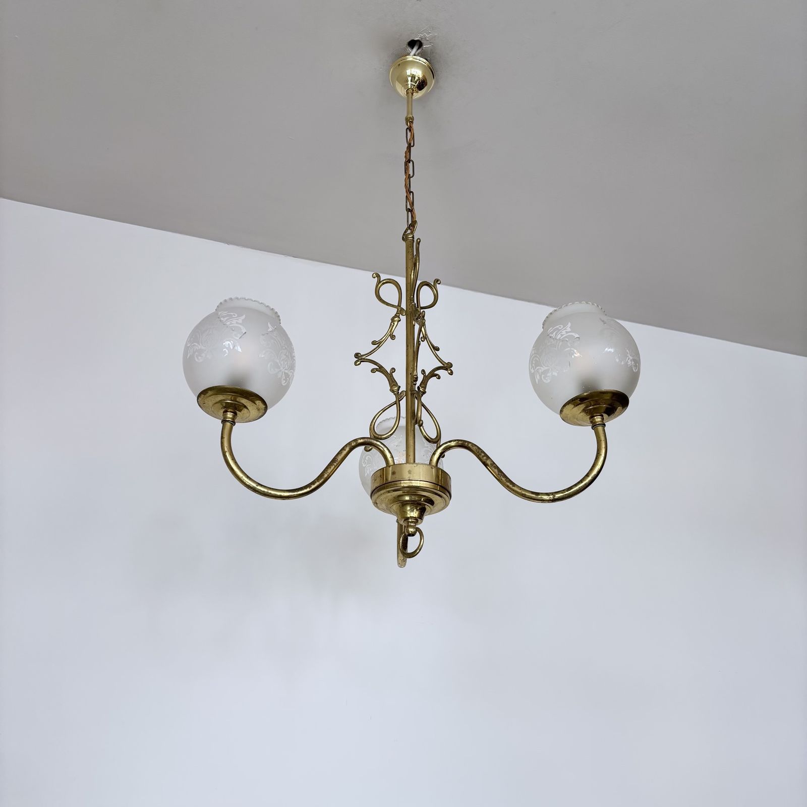 Late 20th Century Brass Chandelier With Frosted Globe Shades photo for sale