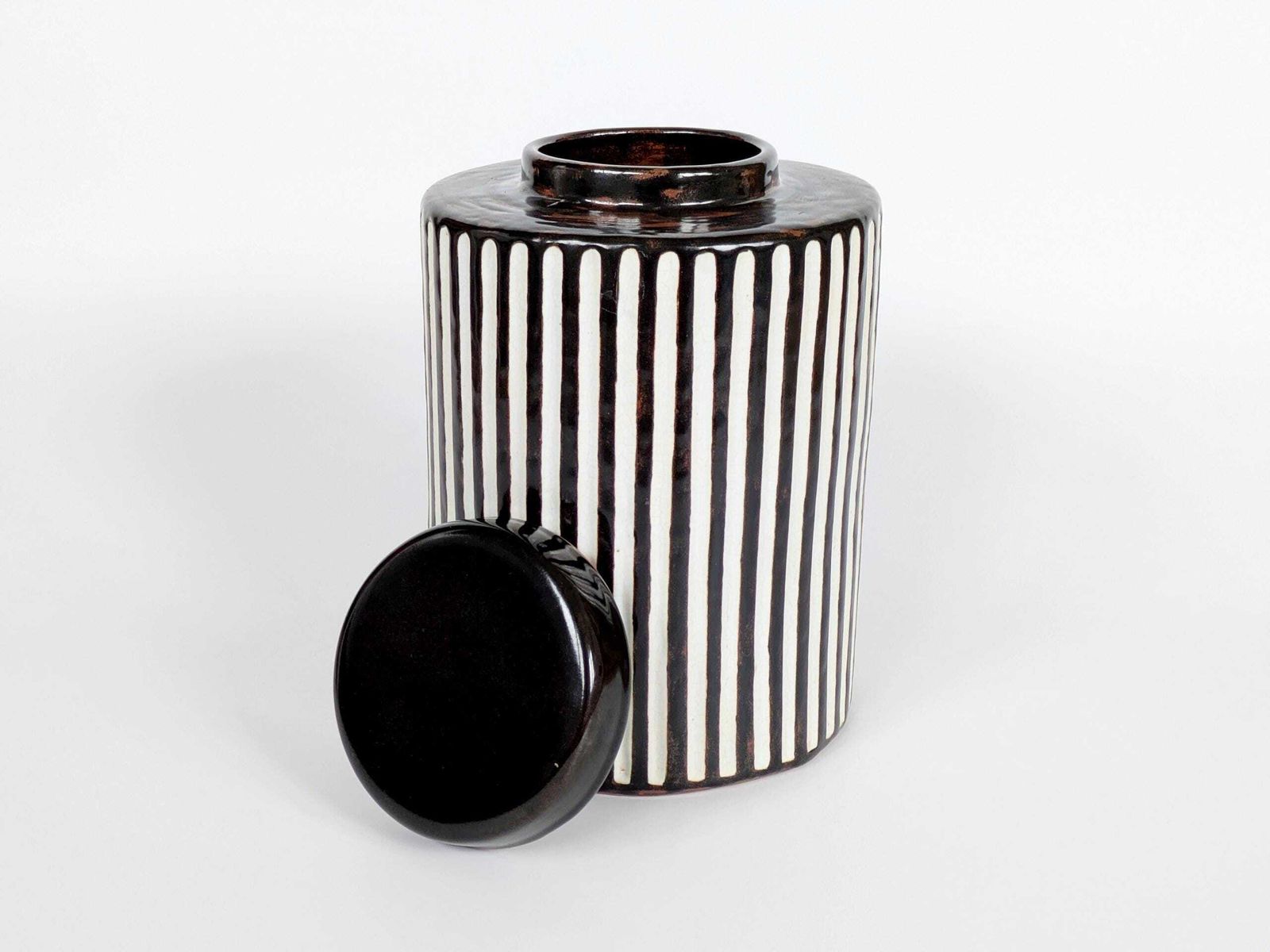 Vintage Ceramic Lidded Canister With Brown & Cream Stripes, Mid Century Glazed Urn