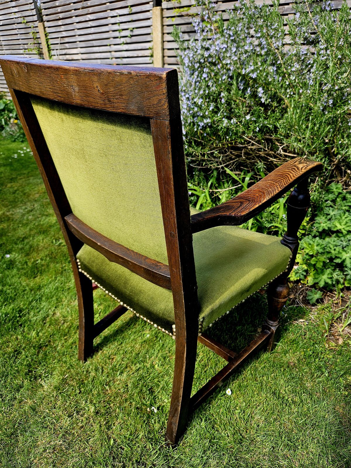 photo furniture Impressive, Antique Oak Carver Chair In Studded Sage Green Velvet