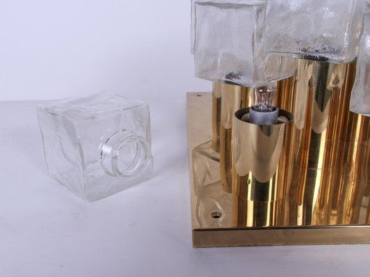 Cubist Flush Mount Chandelier In Brass And Ice Glass By J. T. Kalmar For Kalmar, Austria, 1960s photo vintage