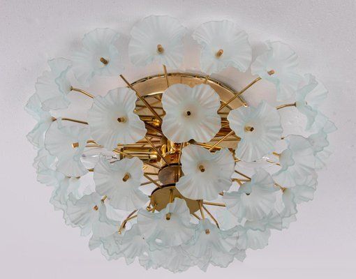 Gilt Brass Hibiscus Flush Mount Chandelier With Turquoise Glass Flowers, 1970s photo furniture