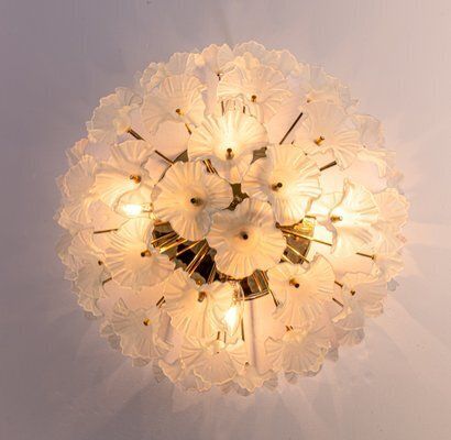 Gilt Brass Hibiscus Flush Mount Chandelier With Turquoise Glass Flowers, 1970s photo for sale