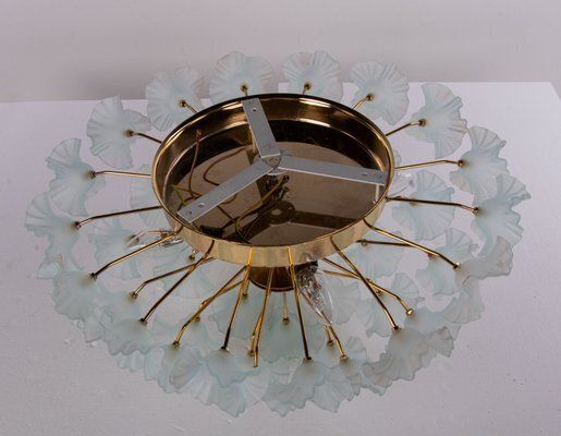 Gilt Brass Hibiscus Flush Mount Chandelier With Turquoise Glass Flowers, 1970s photo buy