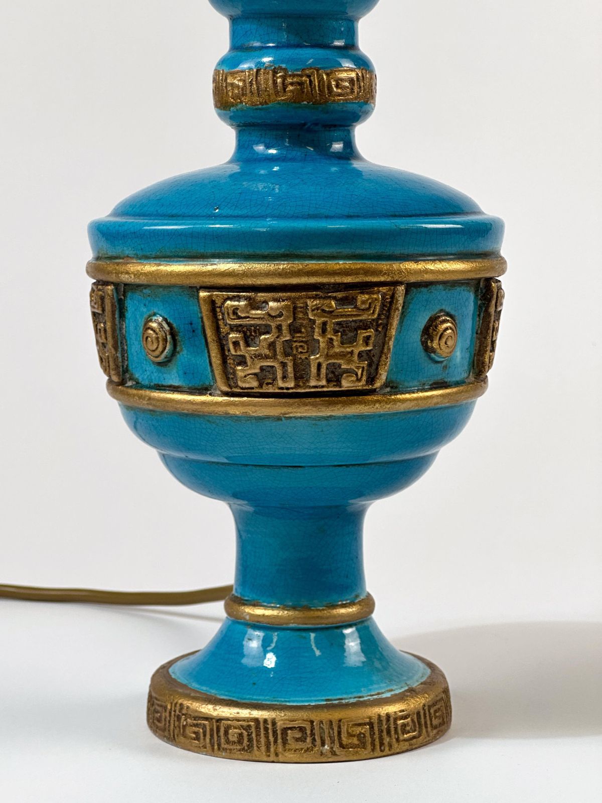 Ugo Zaccagnini Turquoise Ceramic Lamp, Asian Style Gilt Detailing C.1950s Italy photo vinterior