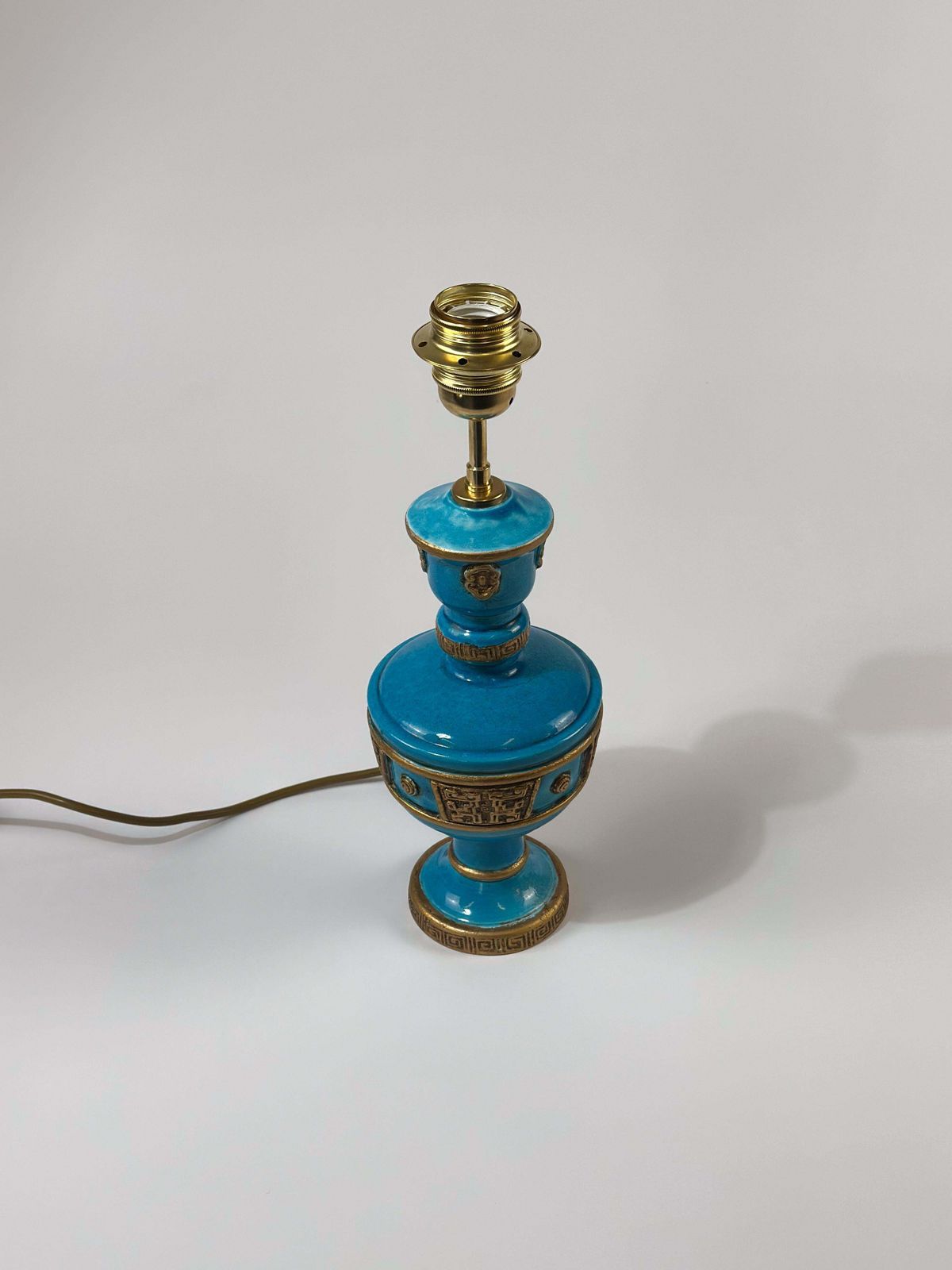 photo furniture Ugo Zaccagnini Turquoise Ceramic Lamp, Asian Style Gilt Detailing C.1950s Italy