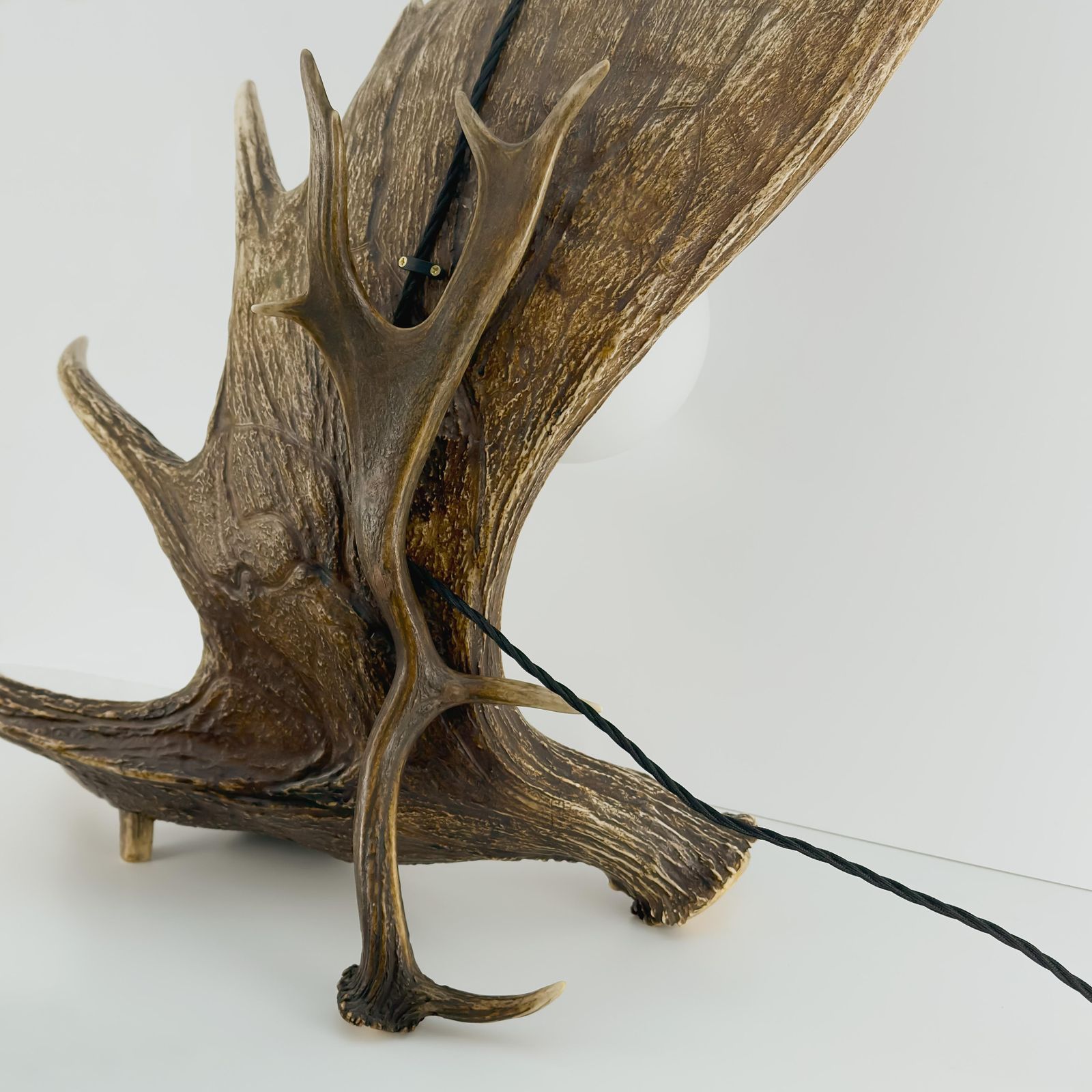 Black Forest Fallow Deer Antler Table Lamp, Frosted Glass Globe, Germany, 1950s photo Lighting