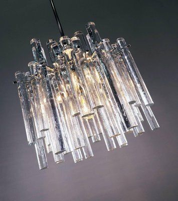 German Iced Glass Chandelier With Crystal Rods & Chrome From Kinkeldey, 1960s photo for sale