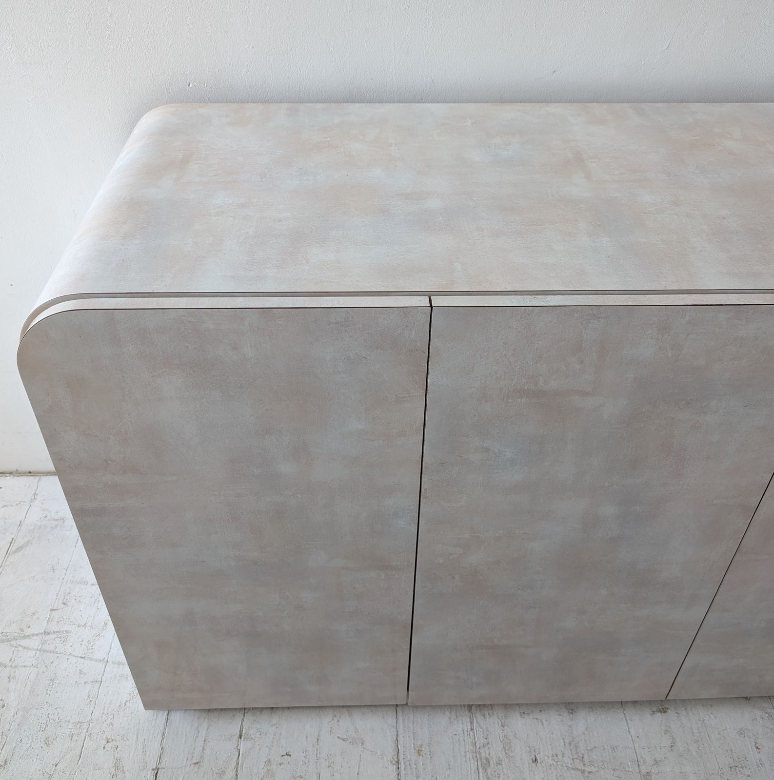 Post Modern Vintage Pastel Pink Blue Peach Laminate Waterfall Sideboard USA 1980s photo for sale