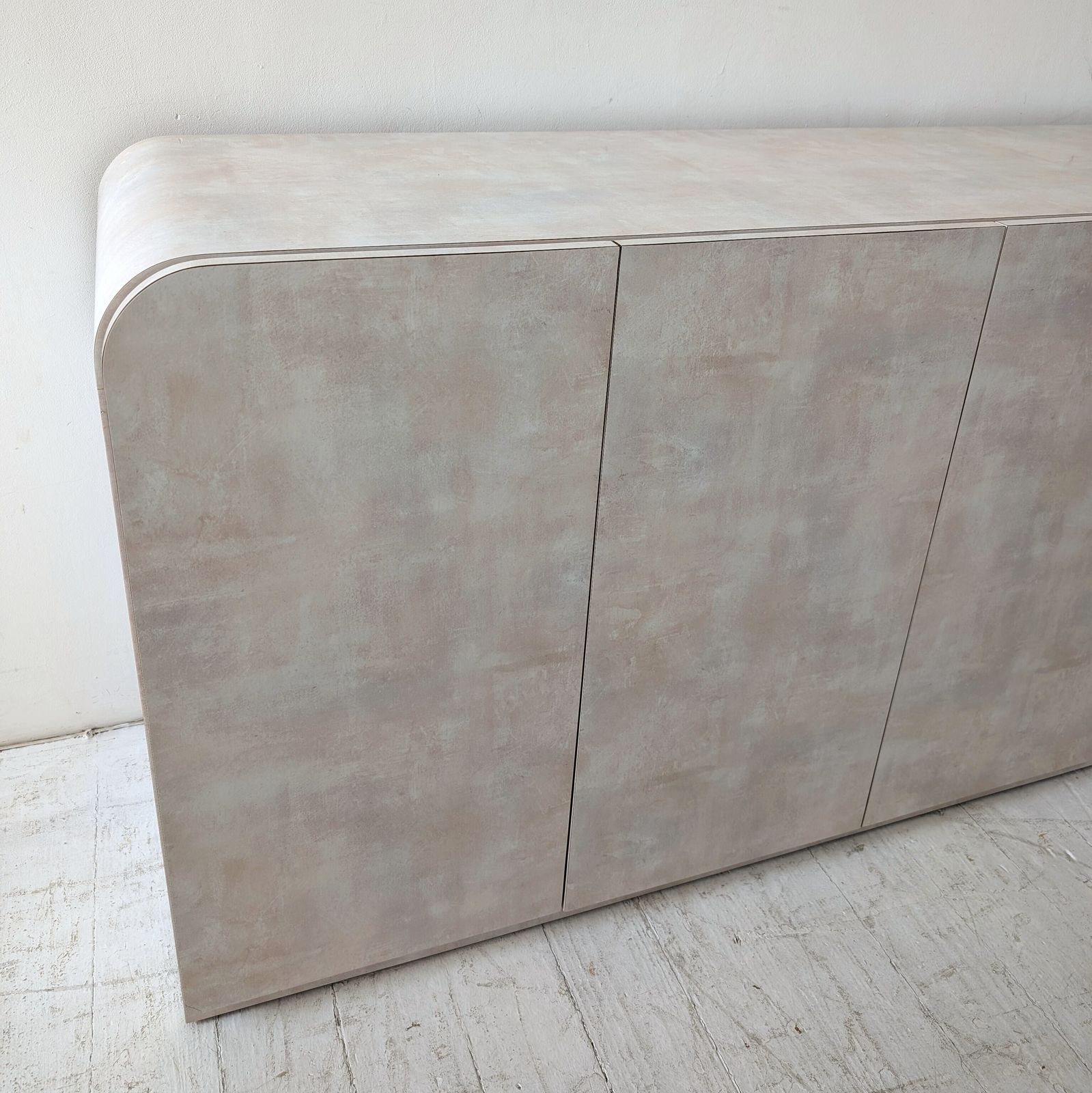 Post Modern Vintage Pastel Pink Blue Peach Laminate Waterfall Sideboard USA 1980s photo vinterior