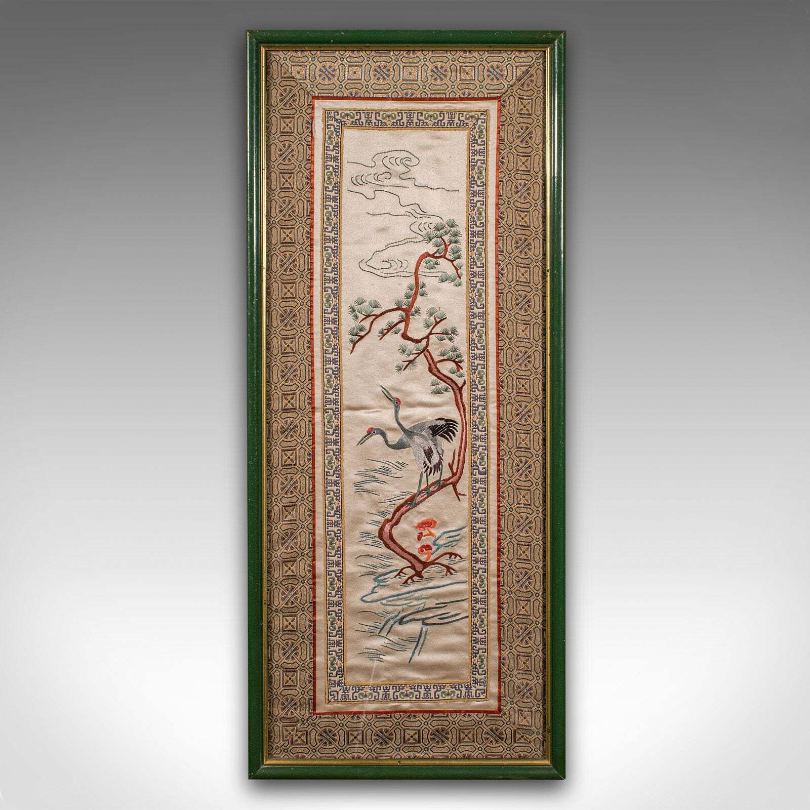 Tall Vintage Embroidered Panel, Oriental Silk Cotton Needlepoint Scene, Art Deco photo furniture