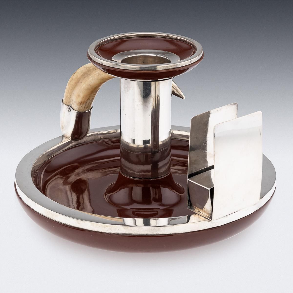 20thc German Solid Silver, Ceramic & Boar Tusk Cigarette Box Holder & Ashtray photo vinterior