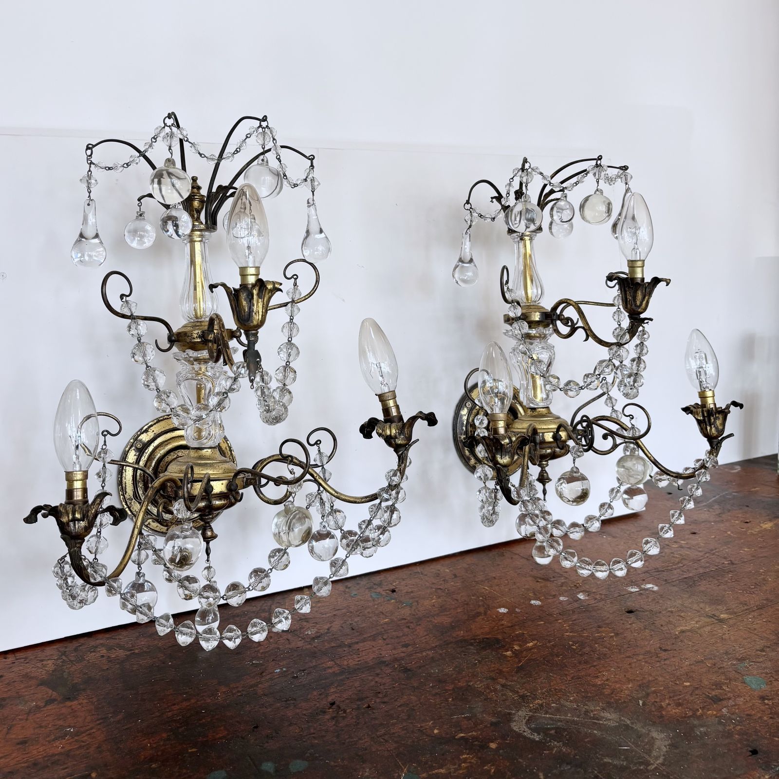 Pair Of Large French Brass Wall Lights With Decorative Crystal Glass Drops photo furniture