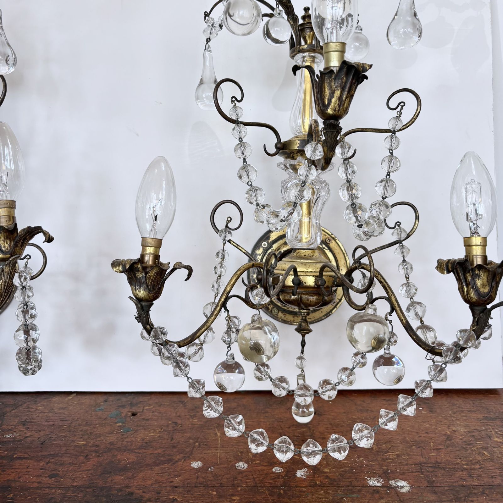 Pair Of Large French Brass Wall Lights With Decorative Crystal Glass Drops photo for sale