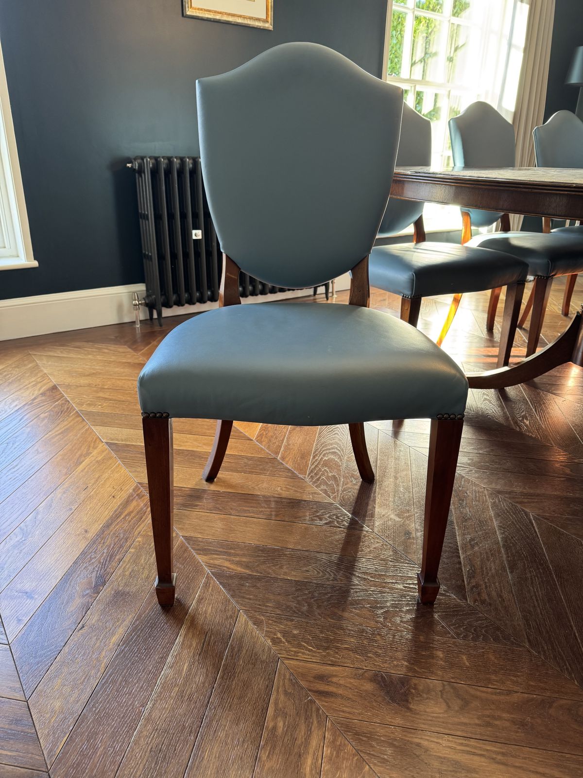 Iain James Dining Table & 8 Chairs In Blue/Grey Leather. + Removable Extension photo furniture