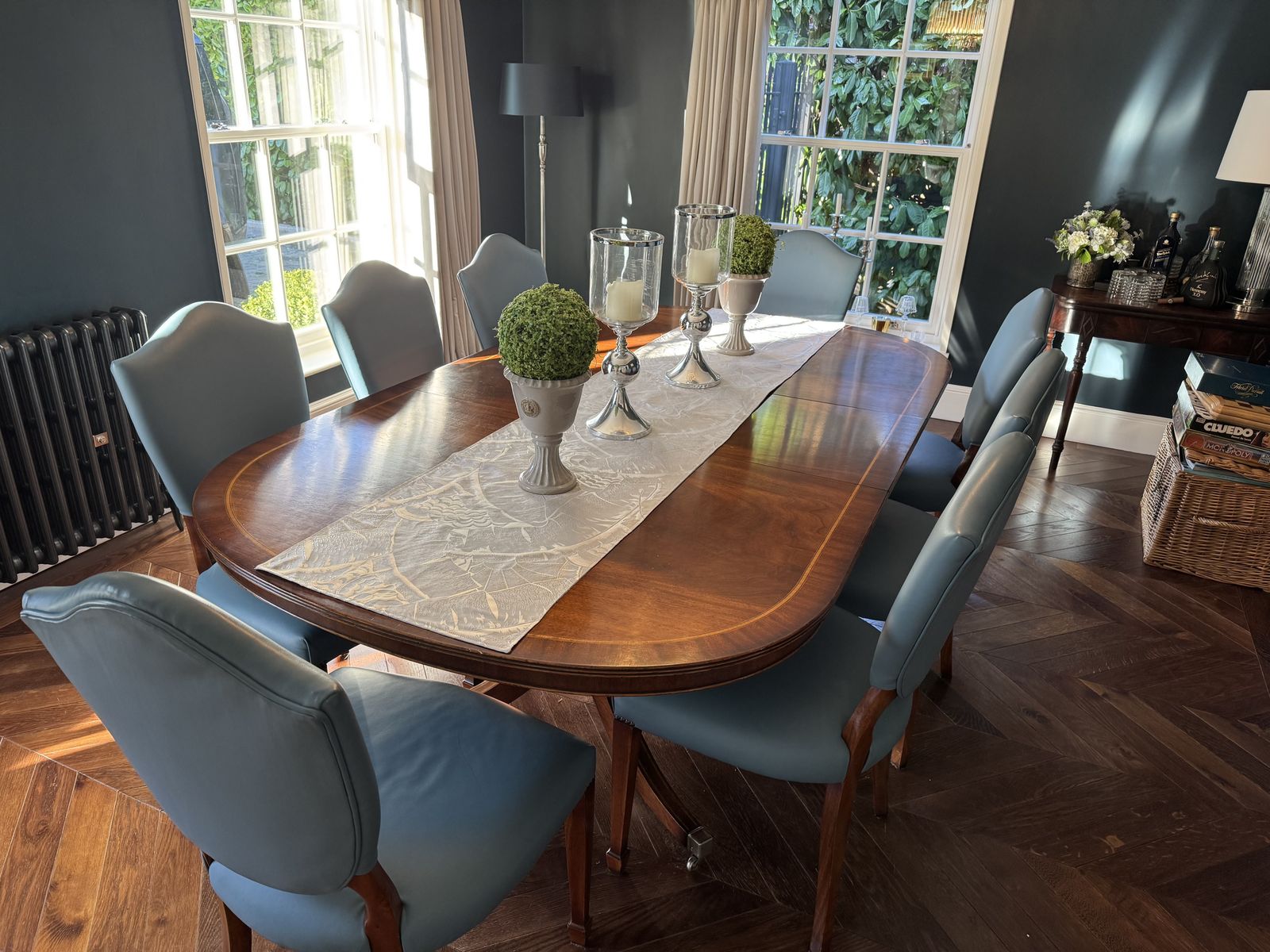 Iain James Dining Table & 8 Chairs In Blue/Grey Leather. + Removable Extension photo Furniture