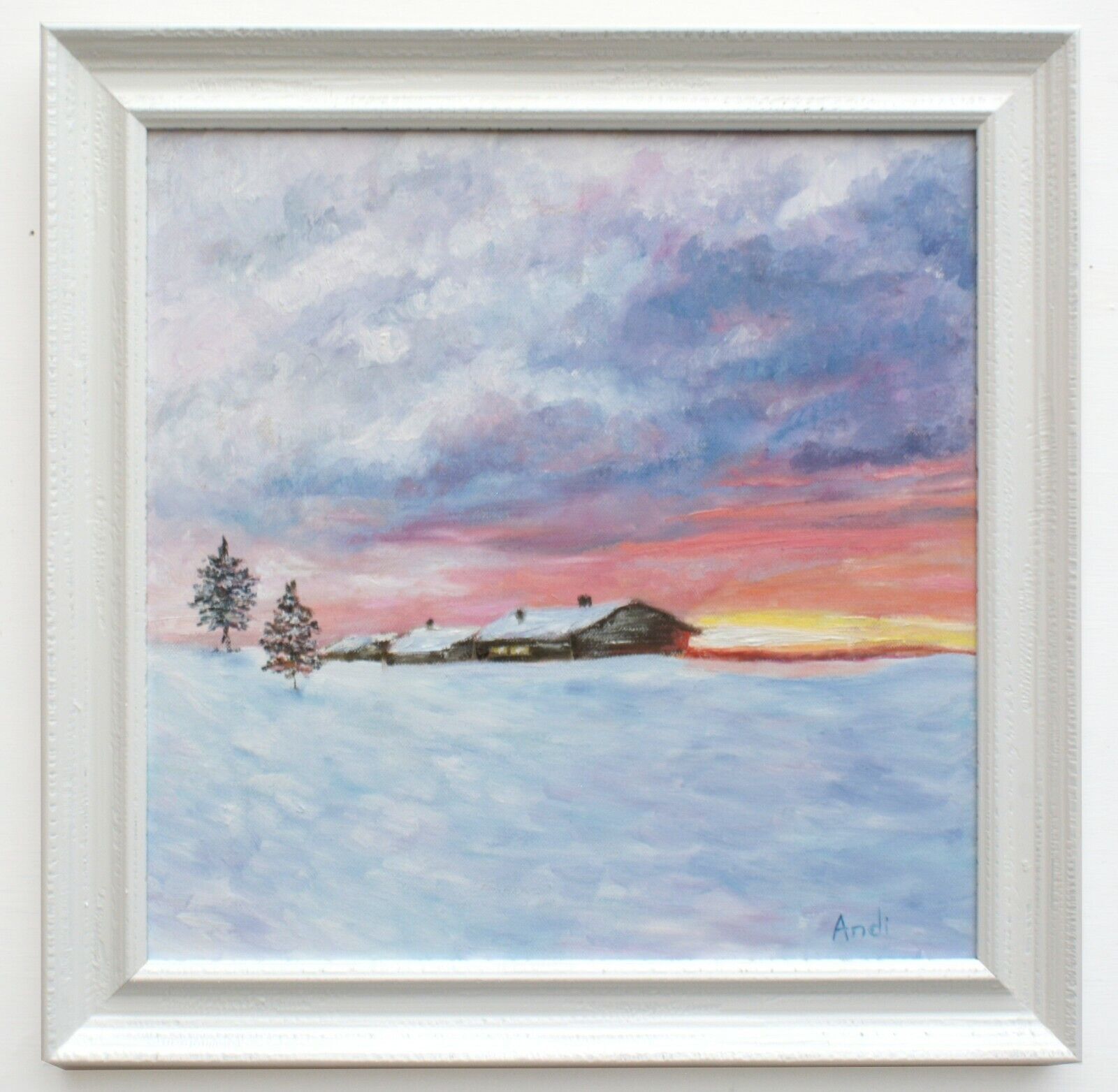 Log Cabin Snowscene Landscape Oil Painting Winter Sunset Framed Andi J Lucas photo furniture