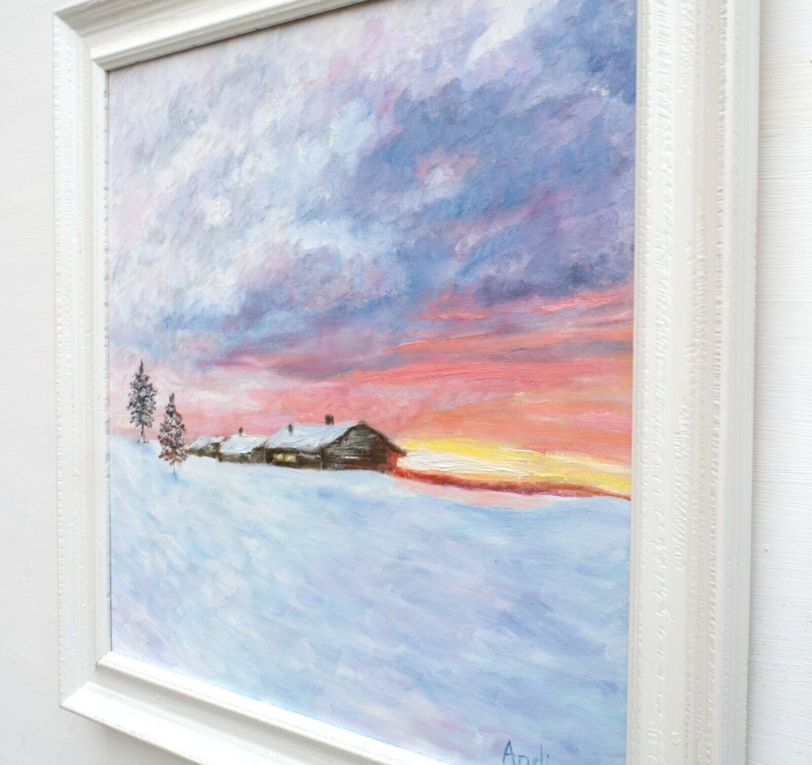 Log Cabin Snowscene Landscape Oil Painting Winter Sunset Framed Andi J Lucas photo vintage