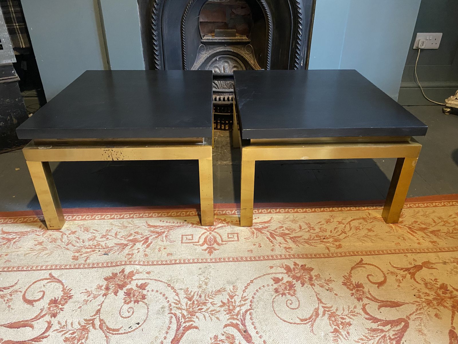 photo vintage Pair Of French Mid Century Brass Side Tables