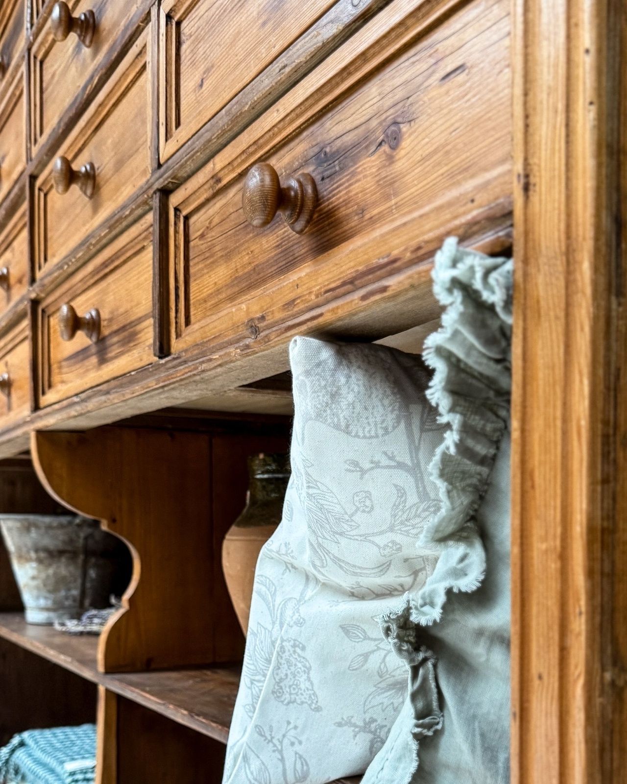 Large Antique Dutch Pine Haberdashery Bank Of Drawers Shelves photo for sale