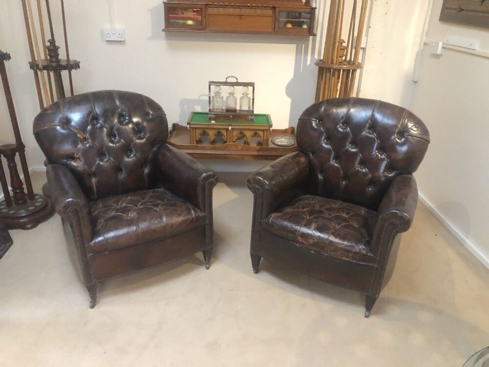 Pair Of Edwardian Antique Leather Club Chairs