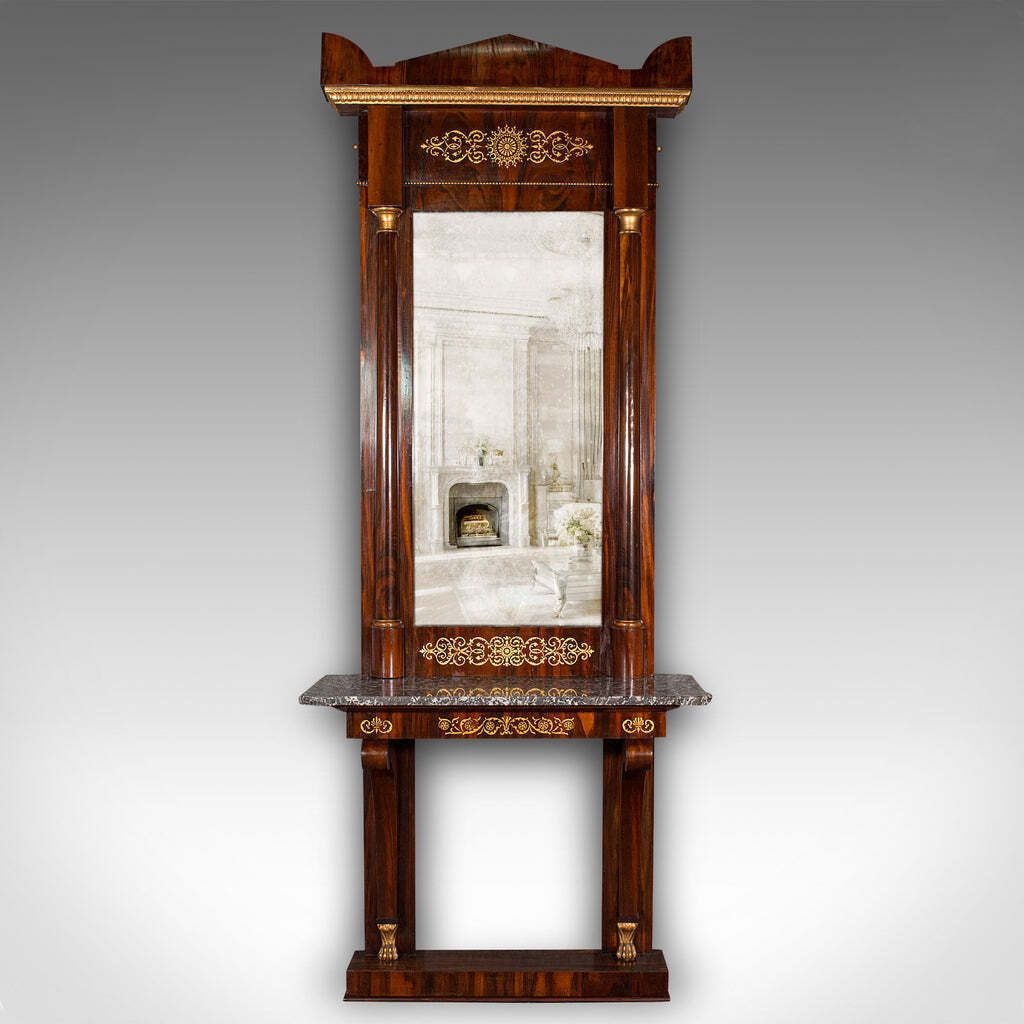 Very Tall 8' Antique Empire Style Mirror, Italian, Walnut, Marble, Victorian photo furniture