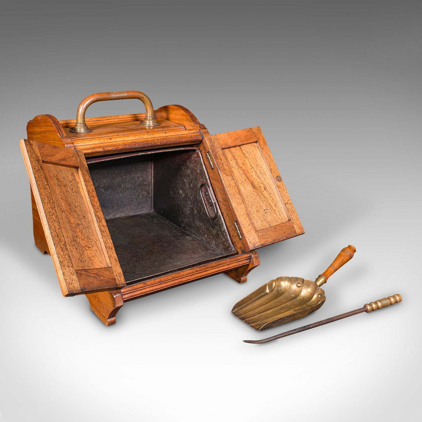 Antique Coal Purdonium, Scottish, Walnut, Brass, Fireside Fuel Store, Victorian photo furniture