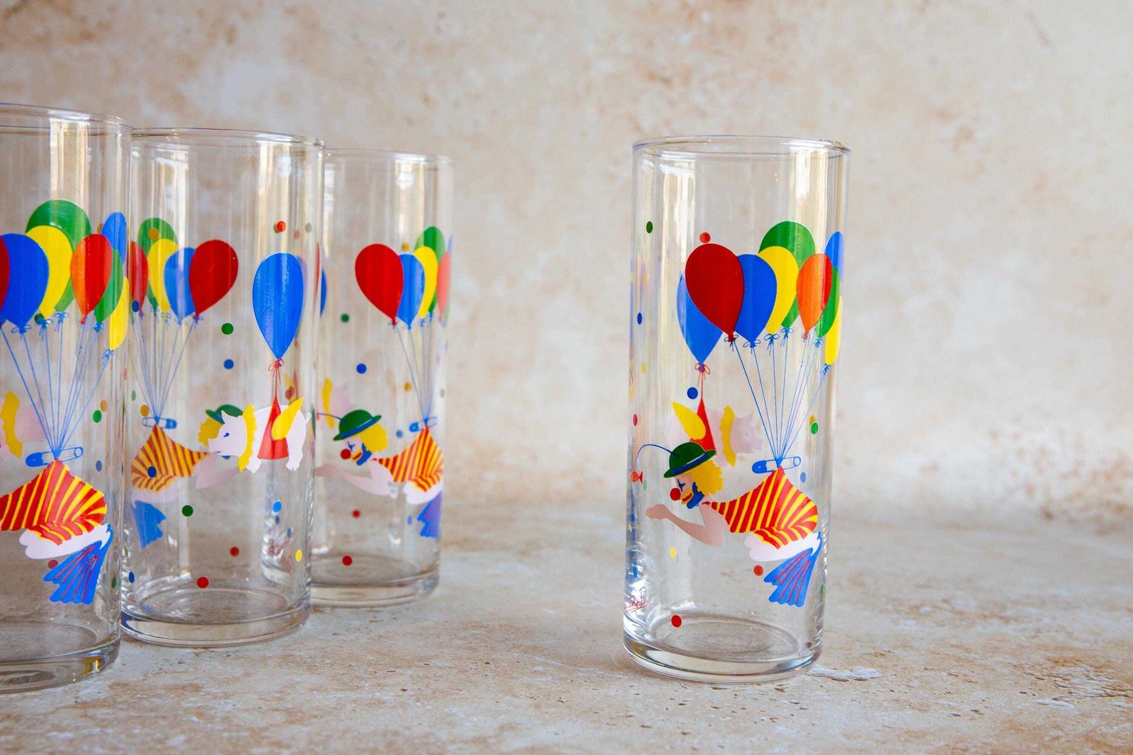 Vintage Glass Tumblers Set Of 4, Clown Print Glass Tumblers, Retro Glass Tumblers, Kitsch Print Tumblers, Vintage Panache Tumblers photo furniture