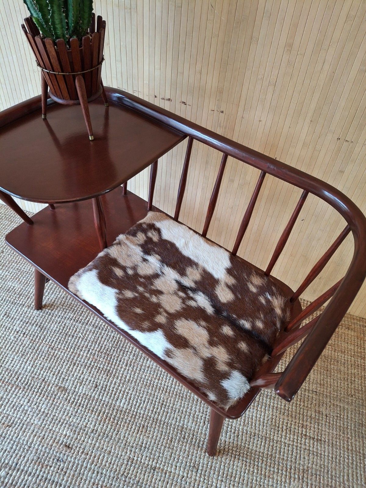 Fab Vintage Chippy Heath Mid Century Teak Telephone Seat Hall Table Goatskin photo for sale