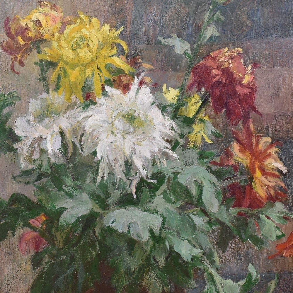 Art Deco Still Life Painting, Flowers Vase Painting, Chrysanthemums, Oil On Canvas, Antique Painting, Art Deco, XX. (Qf653) photo Art